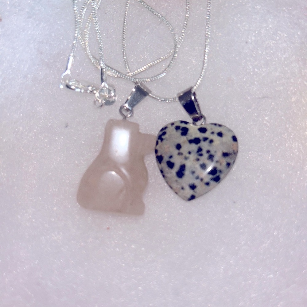 Boho Hippie Agate Crystal Dog & Dalmatian Jasper Heart Sterling Silver Neckl…